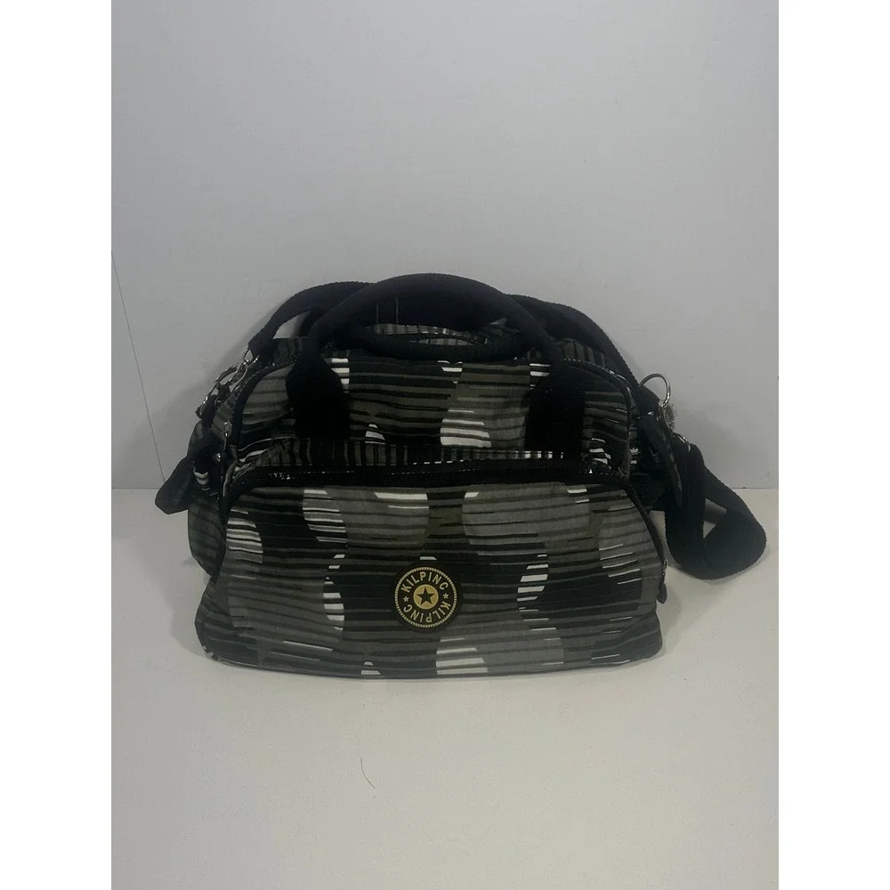 Kipling Grey White Abstract Striped Nylon Crossbody Satchel Bag Dual Handle